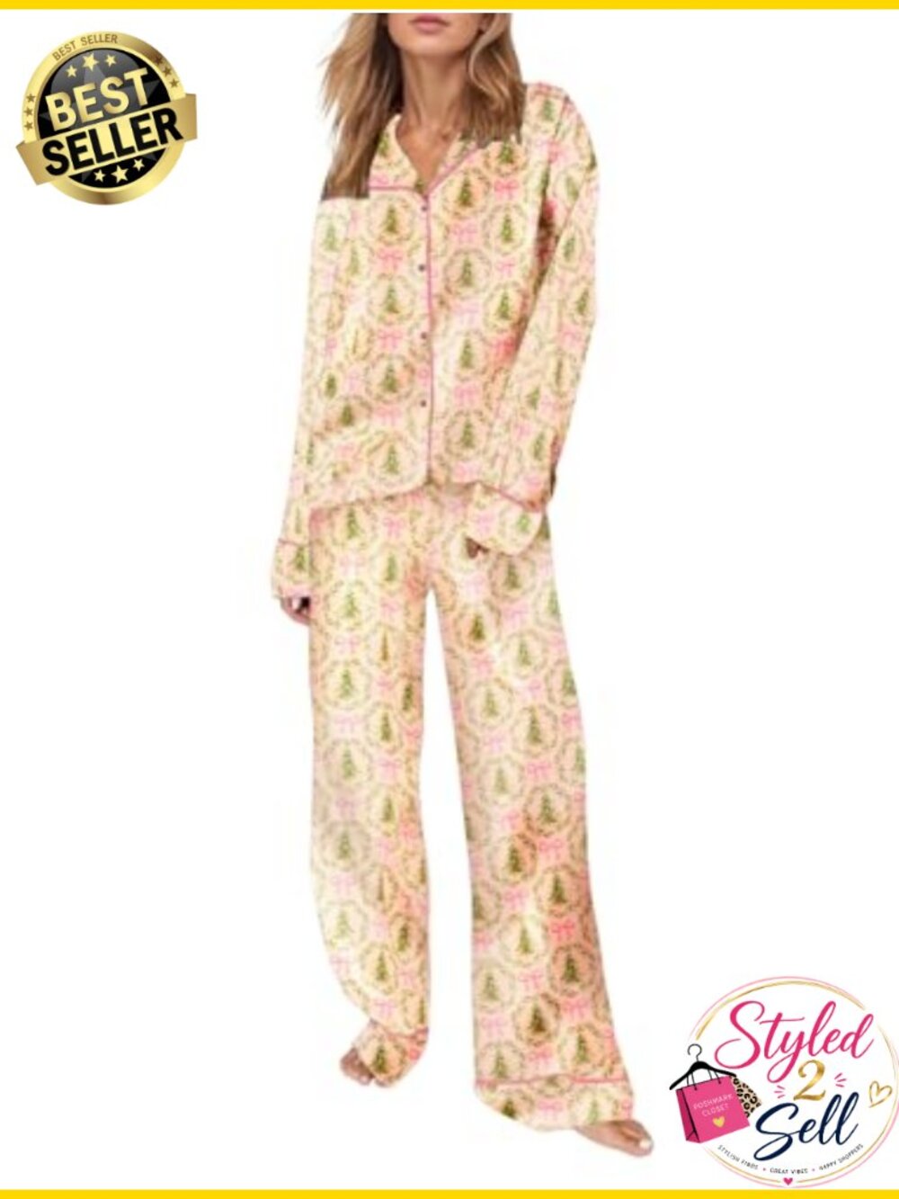 Women Christmas Pajamas Set Satin Silk 2 Piece Button Down Shirt Pants Lounge